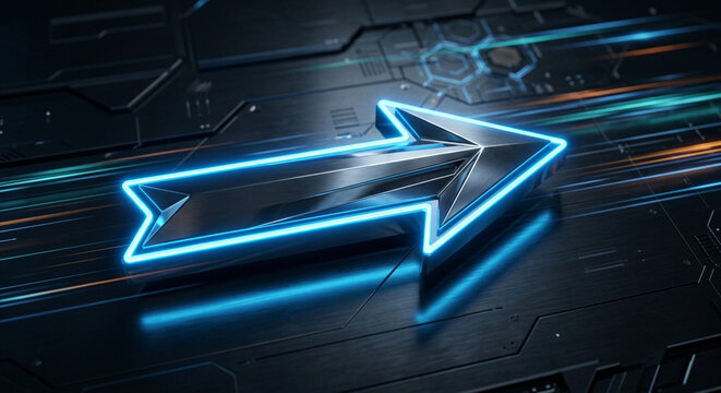Futuristic metallic arrow with glowing blue neon lights moving fast on dark tech background.