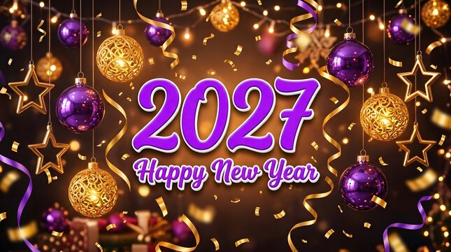 Happy New Year 2027 festive horizontal background decorated with purple and golden Christmas tree balls, stars, ribbons, and golden confetti.
