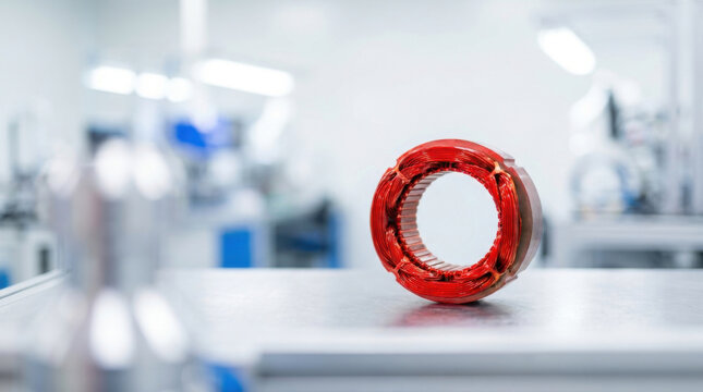 Electric motor stator winding in laboratory, copper coil on metal table with blurred factory background