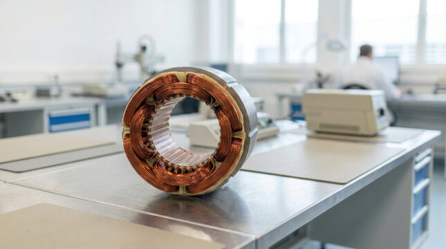 Electric motor stator winding copper coil industrial laboratory metal ring engineering equipment manufacturing process close up workshop