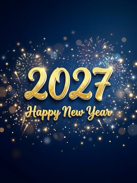 Vertical Happy New Year 2027 poster with shiny 3D golden numbers and glowing sparkles over a dark navy blue bokeh background.