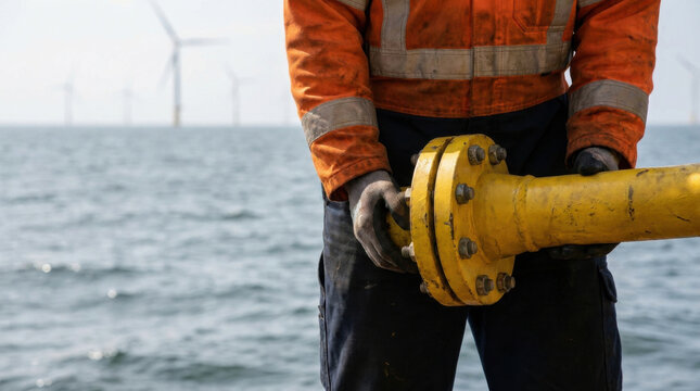Offshore wind turbine foundation close up, worker in orange jacket handles yellow pipe flange at sea