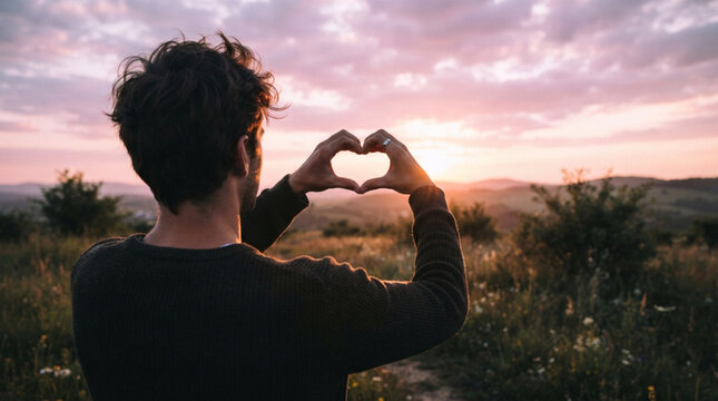 Man silhouette forming heart shape with hands against beautiful sunset landscape field background symbolizing love peace and happiness.