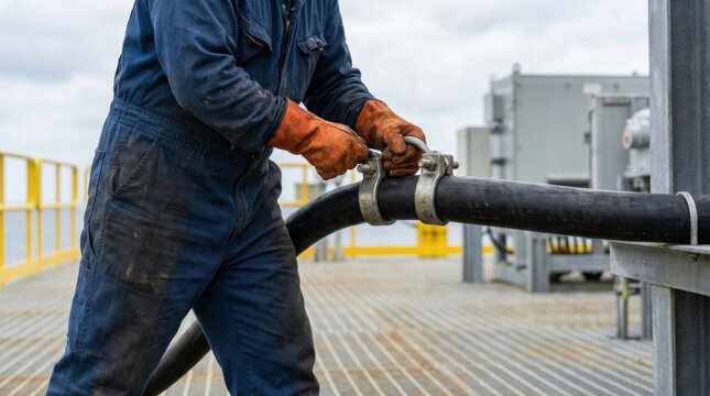 Offshore substation concept close up pipe clamp industrial worker work coverall orange glove black hose power platform offshore platform