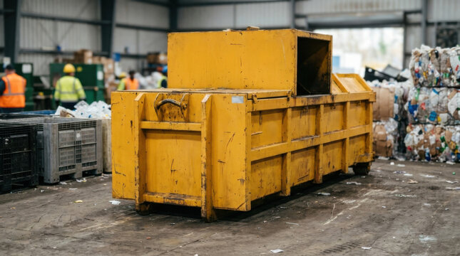 Plastic waste compactor in recycling plant with yellow metal container, industrial waste management scene