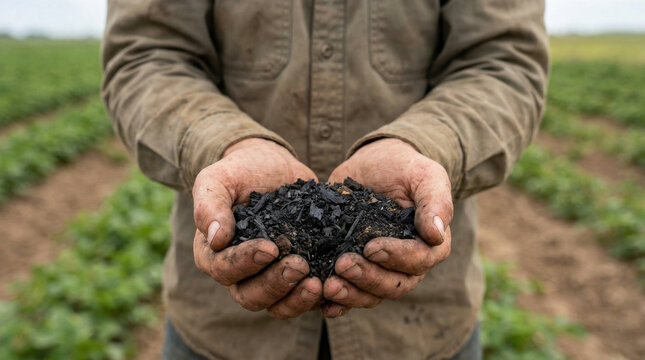 Soil amendment concept organic mulch soil compost farmer hands field agriculture earth black fertilizer gardening crop plant growth land texture