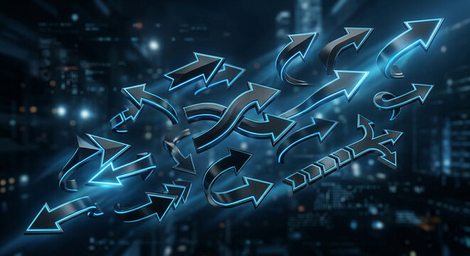 Abstract 3D metallic arrows with glowing blue outlines on a dark, futuristic urban background, representing direction, choice, and data flow