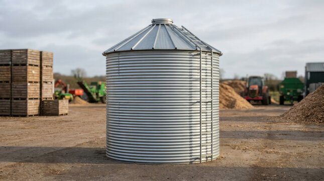 Silvery metal silo, corrugated steel storage, farm yard grain, rural agriculture storage, industrial container silo