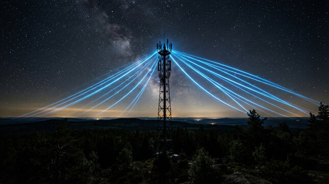 Communications tower emitting blue signal beams into starry night sky with milky way galaxy over dark forest landscape horizon silhouette.