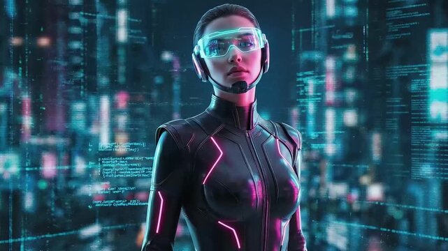 Futuristic footage of a cyberpunk woman wearing a neon suit and digital goggles in a matrix loop.