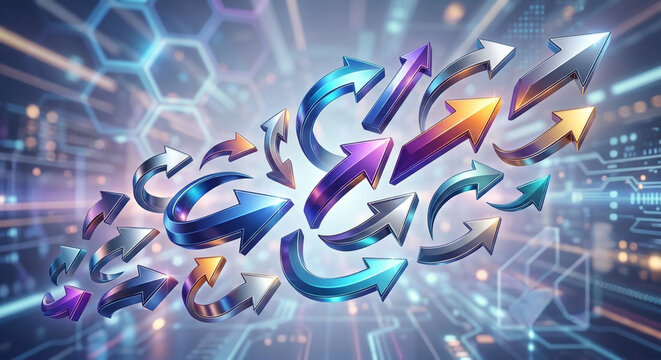 Dynamic 3D metallic arrows showing growth, progress, and various directions on a futuristic digital technology background.