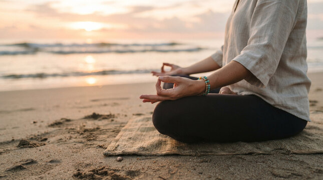 Woman sitting in cross legged lotus position on sandy beach at sunset practicing mindfulness meditation for mental wellness and relaxation.