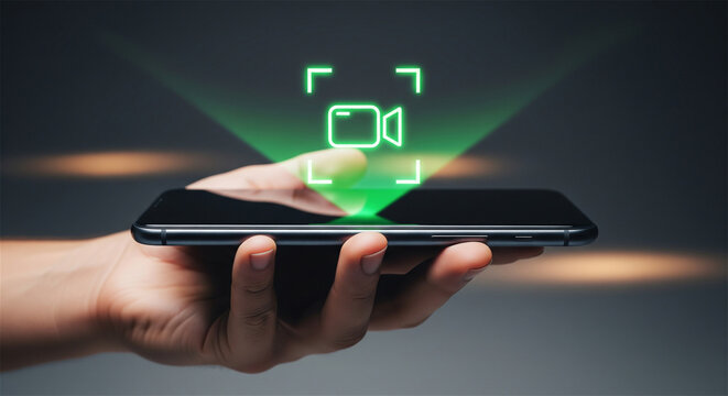 Futuristic video call hologram on smartphone, hand holding mobile phone with glowing green camera icon, virtual communication technology concept