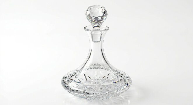 Luxurious clear crystal decanter with sparkling stopper, detailed cut glass patterns, elegant empty glassware on white background