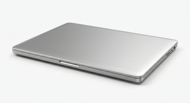 Metallic silver closed laptop computer on a minimalist white background, modern sleek portable technology device for digital lifestyle.