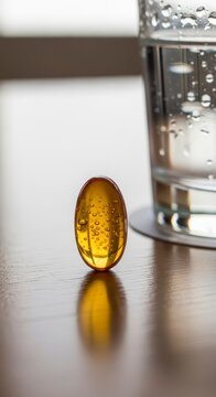 Fish oil capsule and glass water.