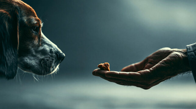 Close-up of a human hand feeding a dog a treat with training domestic friendship