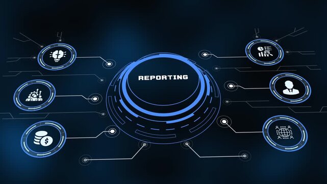 Abstract business reporting concept with glowing digital circuit HUD node connection network.