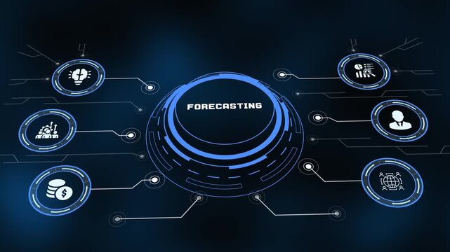 Financial data forecasting concept with futuristic HUD digital interface network icons and glowing blue circuit background