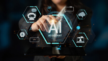 Fototapeta premium A concept of a global AI virtual assistant. This intelligent agent provides user support through chatbots, performs searches, manages cloud data, and aids in communication. Fermion