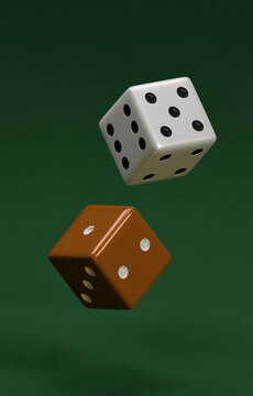 2 plastic dice floating through the air above a billiard table. White dice revealing faces with the numbers 4, 5, and 6. Russet dice show 1, 2, and 3