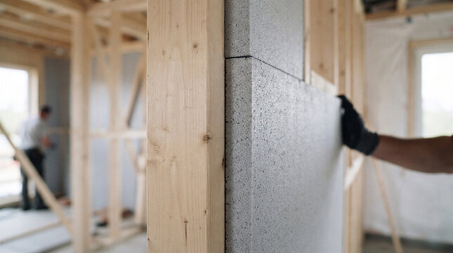 Construction worker installing grey expanded polystyrene insulation panels on wooden wall frame inside a new residential building
