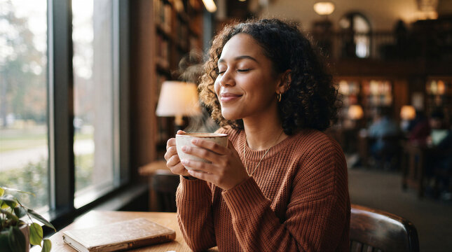 Young woman with curly hair enjoying a warm cup of coffee or tea in a cozy library setting near a window with soft natural light