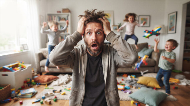 Stressed father overwhelmed by energetic children playing in a messy living room filled with toys, chaotic family life concept