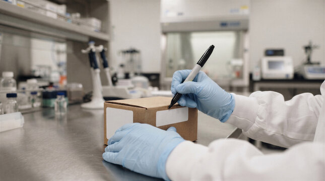 Scientist in a laboratory wearing blue nitrile gloves and a white lab coat writing on a cardboard box with a black permanent marker