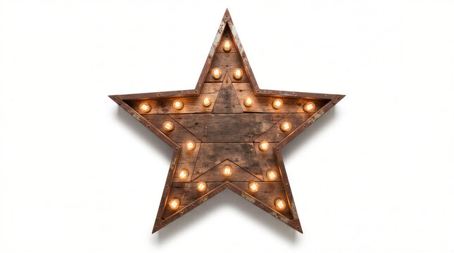 Rustic wooden star marquee sign with glowing vintage edison light bulbs isolated on white background