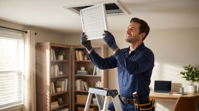 Professional hvac technician smiling while installing a new air filter into a ceiling vent in a bright, modern home office