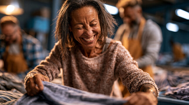 Smiling mature woman sorting and folding clothes in a professional laundry and textile