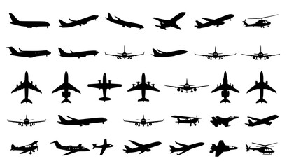 Fototapeta premium Aviation Airplane Silhouette Icon Set with Flying Aircraft Travel Transportation and Flight Vector Graphics