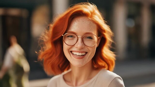 Joyful young woman with vibrant red hair and glasses smiling on a lively urban street scene