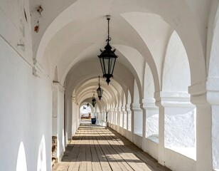Fototapeta premium Interior view of historic arched church corridor with chandelier.