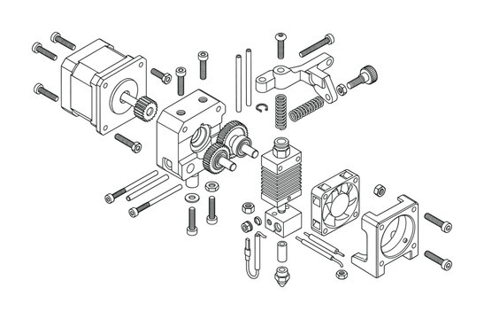 Exploded view technical drawing of a dual-gear 3D printer extruder