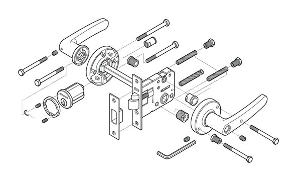 Exploded view diagram of door handle hardware and lock assembly parts
