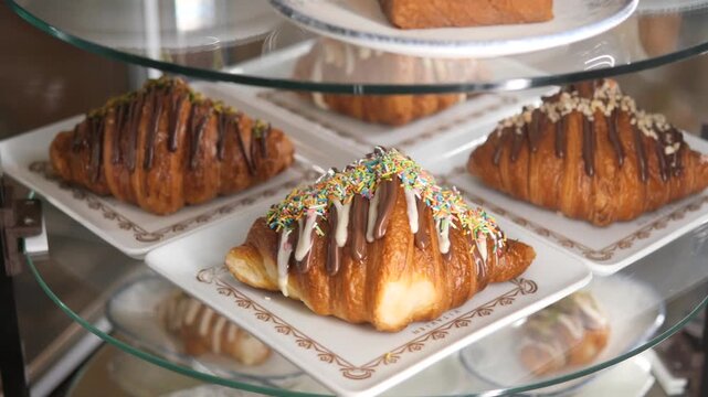 Rotating display of freshly baked croissants with chocolate drizzle and colorful sprinkles in bakery showcase
