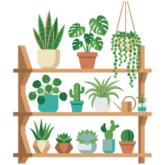 Fototapeta premium Collection of assorted houseplants on wooden shelves vector illustration with potted plants, snake plant