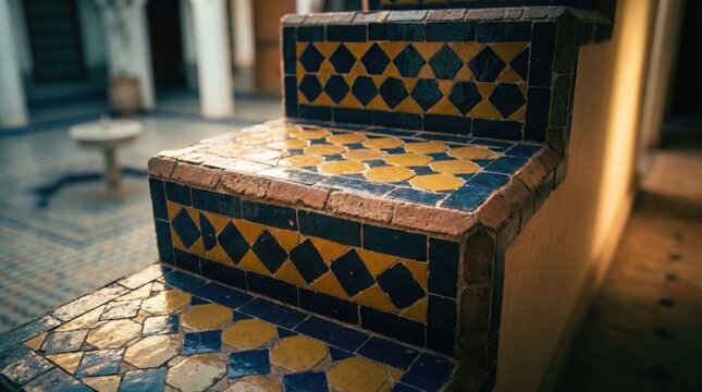 Moroccan architectural design - sun-drenched zellige mosaic stairs catching warm light, vibrant geometric tiles for travel and interior design editorial