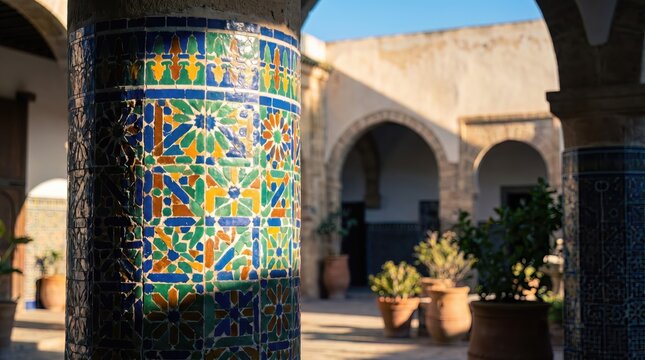 Moroccan architectural design - sun-drenched cylindrical column wrapped in vibrant zellige tilework, blurred courtyard background for travel and interior design editorial