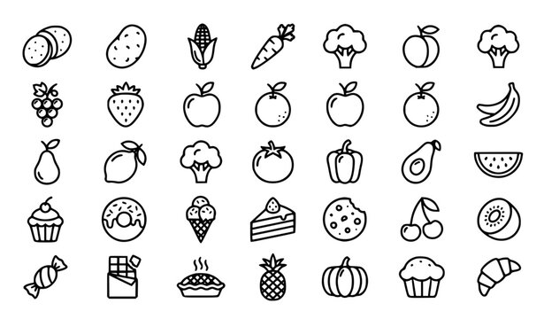 Vegetables fruits and sweet desserts line icon set with potato corn carrot strawberry apple and orange vector