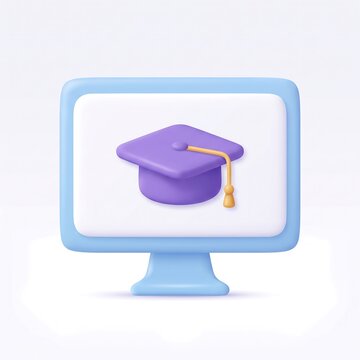 3D graduation cap on a monitor screen icon with education graduation elearning computer learning training