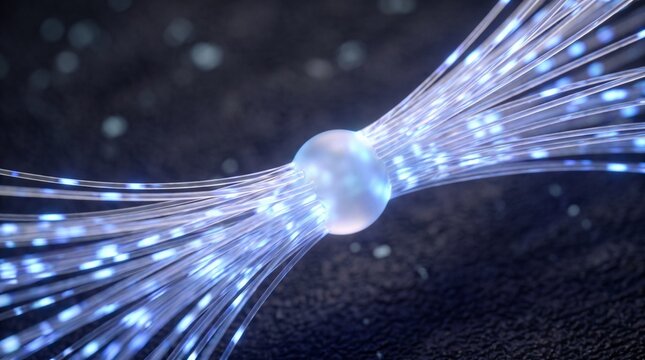 Fiber Optic Cables with Glowing Blue Light Data Transmission and Central Network Node on Dark Background