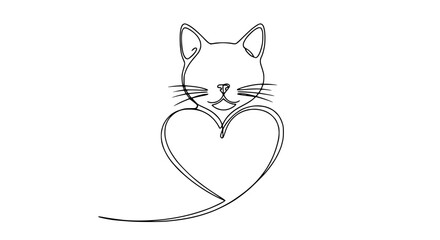 Continuous line drawing of a cat face with a heart shape below, minimalist art, love symbol