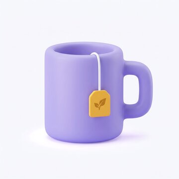 3D icon of a purple tea cup with a tag tea bag beverage infusion refreshment minimalist illustration