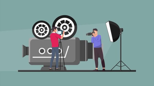 Camera crew preparing professional filming equipment. Behind the scenes concept. Full length Icon animation illustration. High quality&nbsp;4k&nbsp;footage