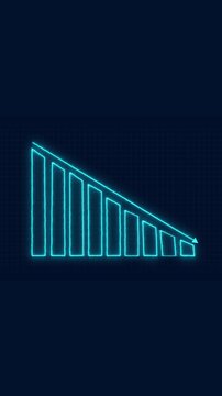 Neon blue bar chart showing downward trend with arrow indicating decrease in financial performance over time as business data analytics concept for digital marketing dashboard.