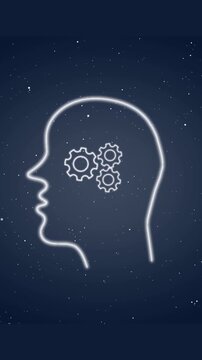 Digital illustration featuring human head profile silhouette showing memory full text inside with rotating mechanical gears against dark blue starry night background motion clip.