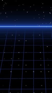 Retro synthwave landscape background featuring neon blue grid motion lines moving across dark horizon with flickering white stars in starry night sky animation motion graphic.